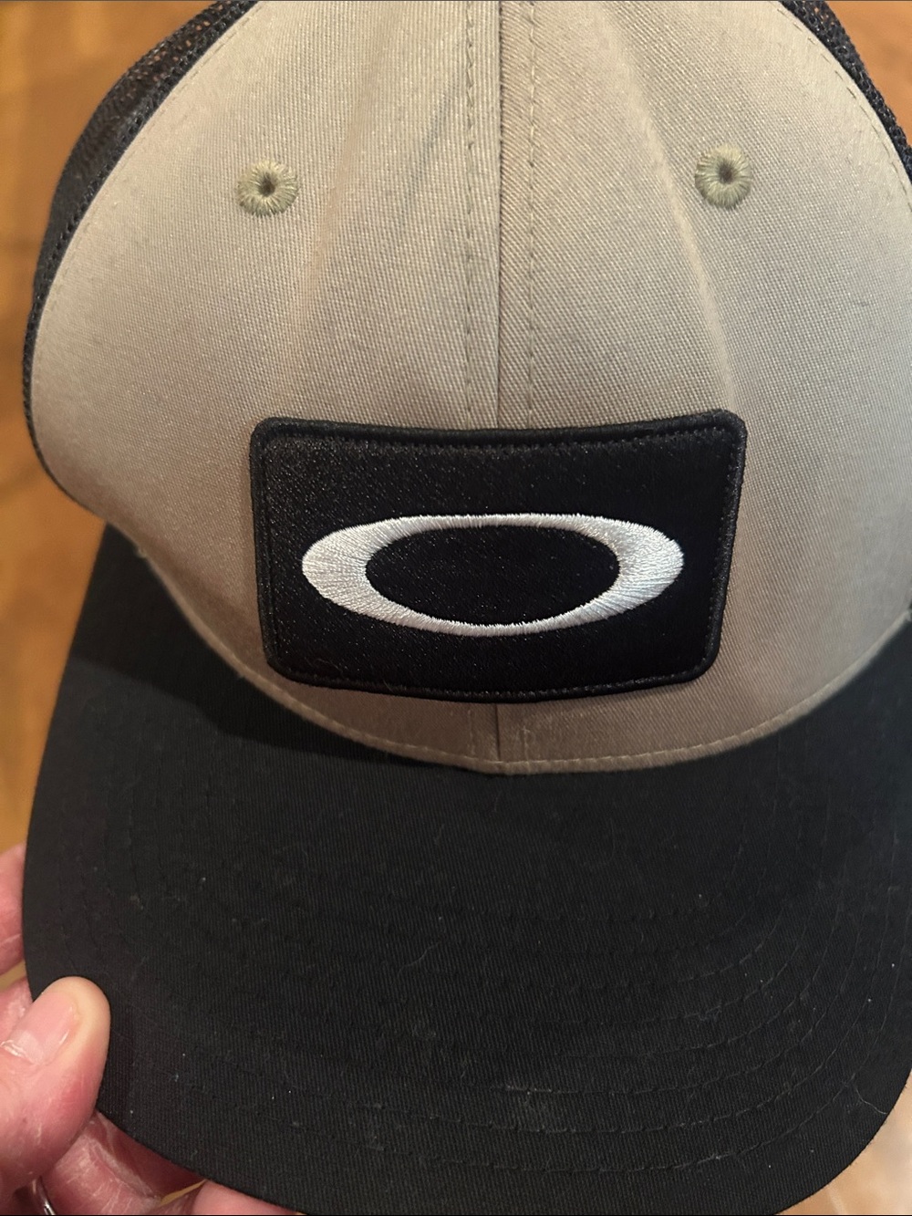 Oakley Two-Tone Trucker Hat in Tan and Black with Logo Patch